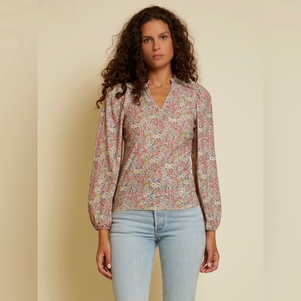 Nation LTD Claudine Yoked Tee Superbloom Floral Long Sleeve Puff Sleeve Size S